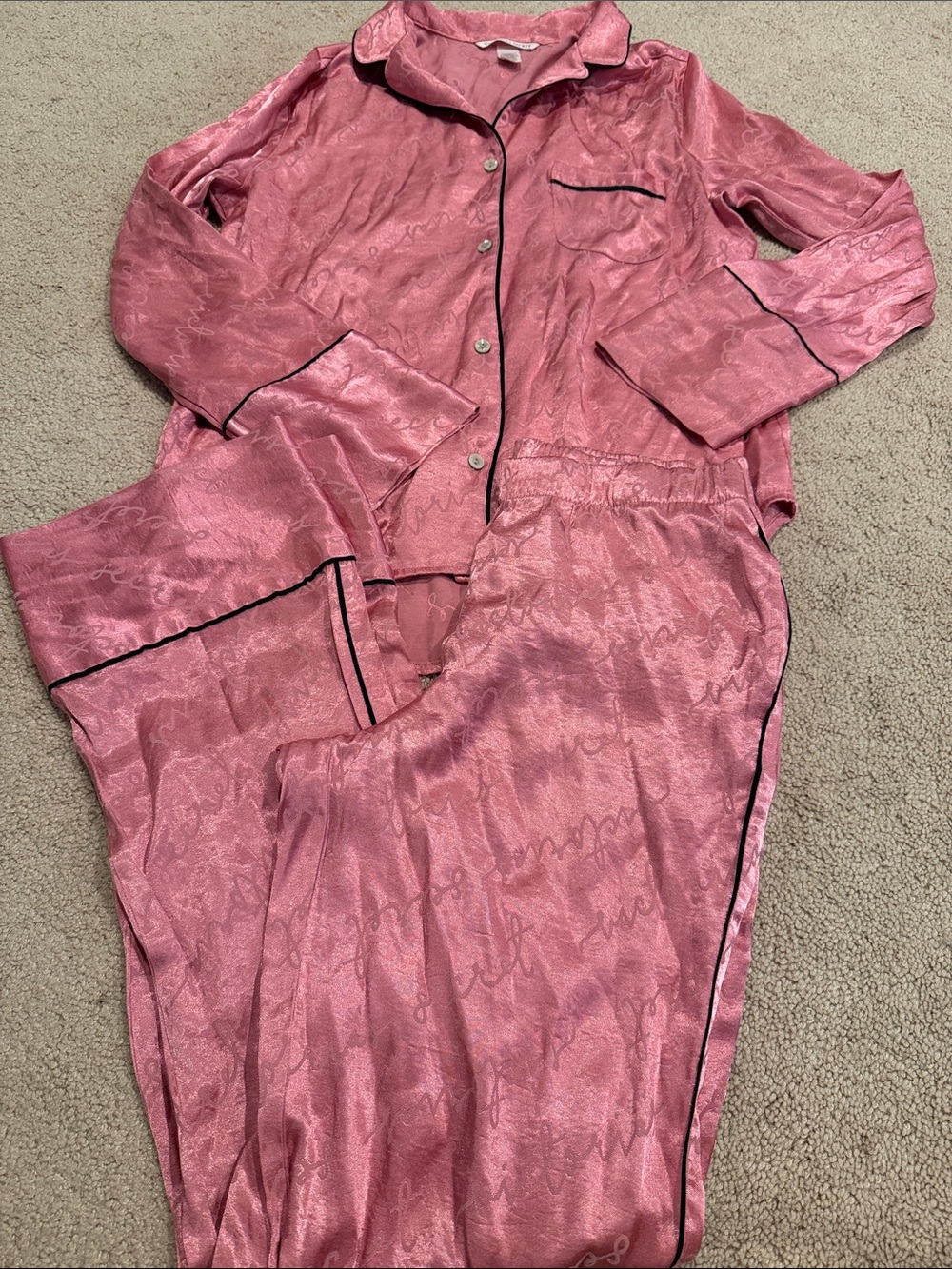 Victoria’s Secret Women’s Satin Pajama Set - Dusty Rose with Black Piping Sz XS
